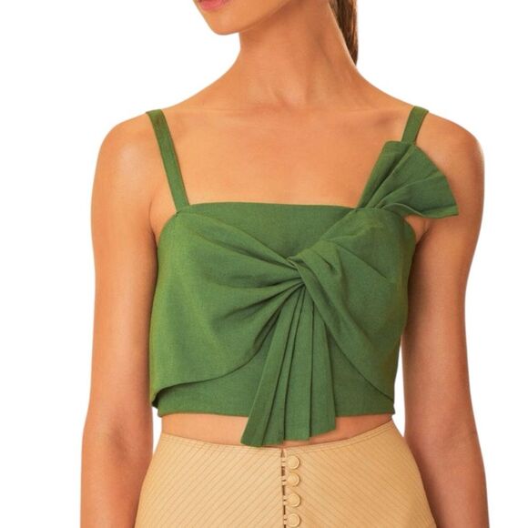 Farm Rio Green Linen Bow Crop Top Square Neck Sleeveless Statement Tank L NWT - Picture 1 of 16
